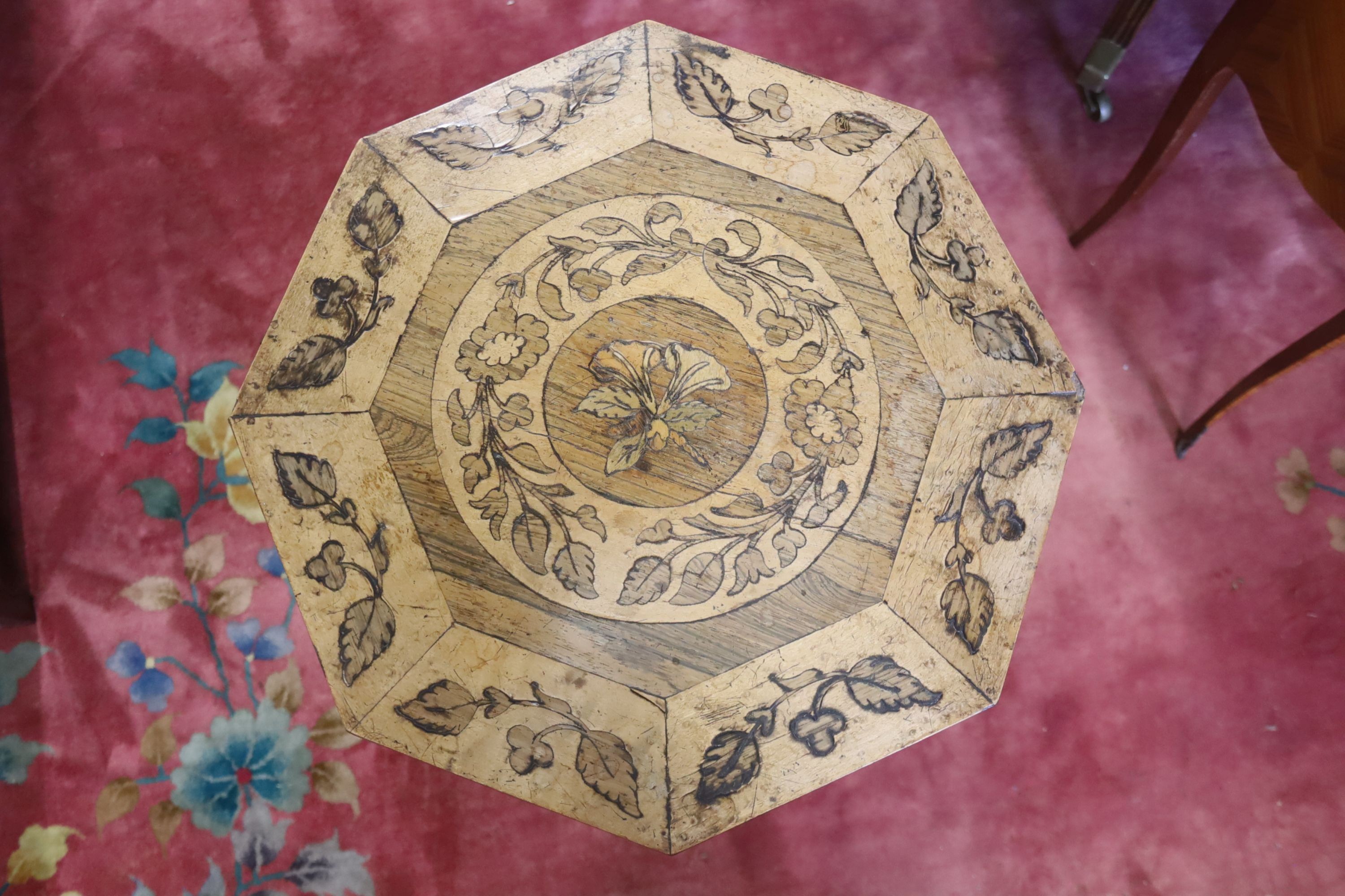 A Victorian inlaid rosewood octagonal marquetry tripod wine table, width 43cm, height 68cm